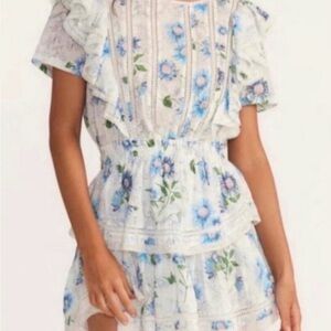 LoveShackFancy White Dress with Blue and Green Floral Print